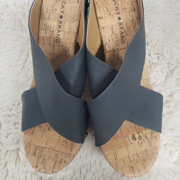 Lucky Brand Dark Slate Blue Cork Wedge Sandals Size 8.5 - Picture 3 of 11